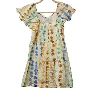 Zara Cream Floral Tiered Dress with Blue, Green & Gold Flowers
